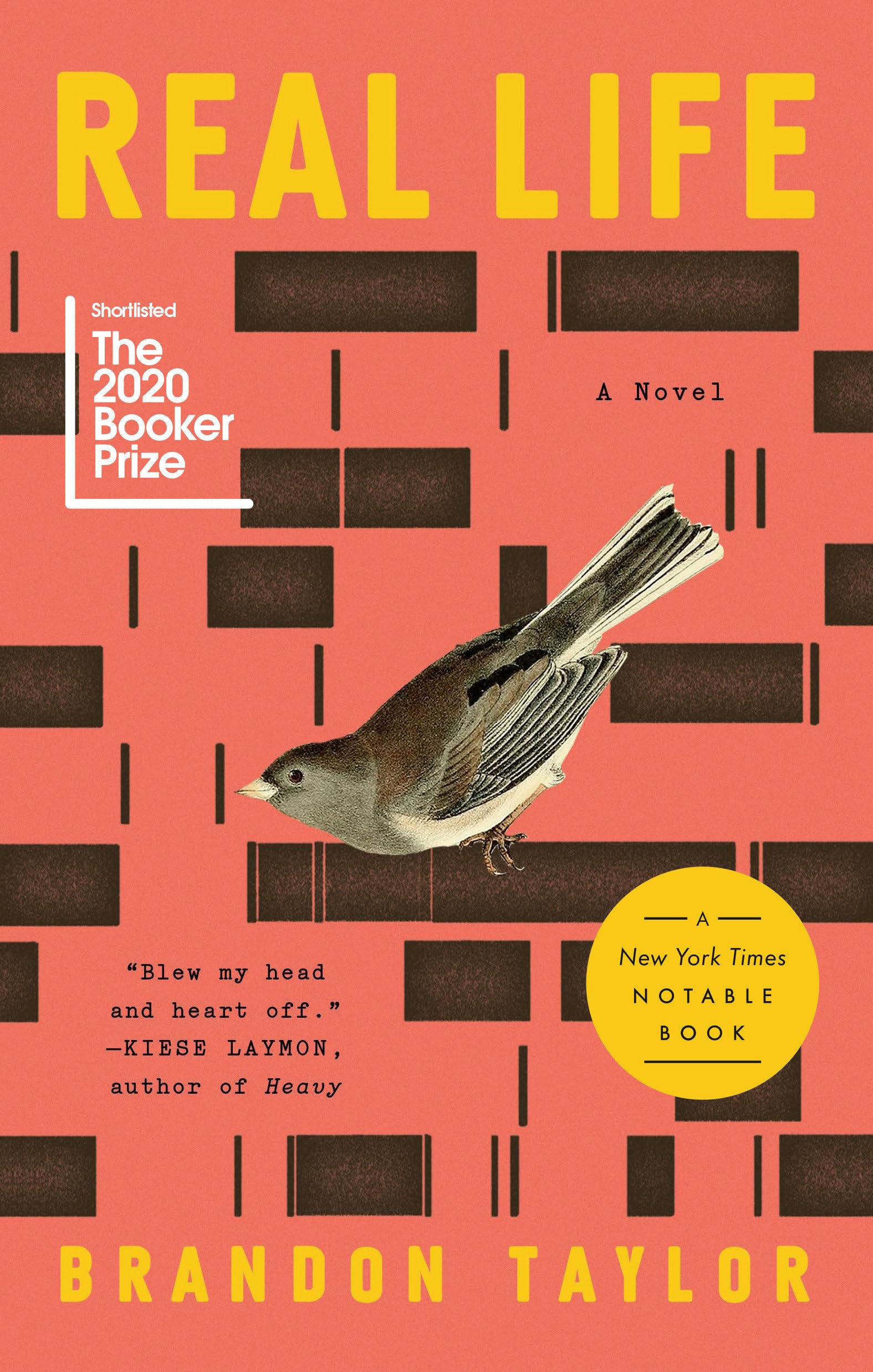 Cover of the novel 'Real Life' by Brandon Taylor, featuring a stylized illustration of a bird on a pink background, with text highlighting its nomination for the 2020 Booker Prize.