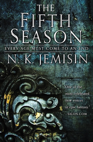 Cover of the book 'The Fifth Season' by N.K. Jemisin, featuring a textured blue-green background with intricate stone designs and the title in bold white font.